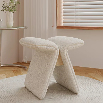 Beige Cushioned Stools On Round Rug With Wooden Floor And Side Table Vase 3d model