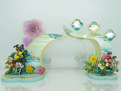 Activity Entrance Gate With Arched Design Light Blue Yellow And Flower Decorations 3d model
