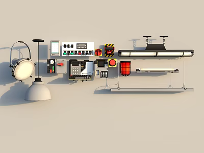Industrial Equipment Collection Featuring Control Panel Warning Lights Tools And Lighting Fixtures 3d model