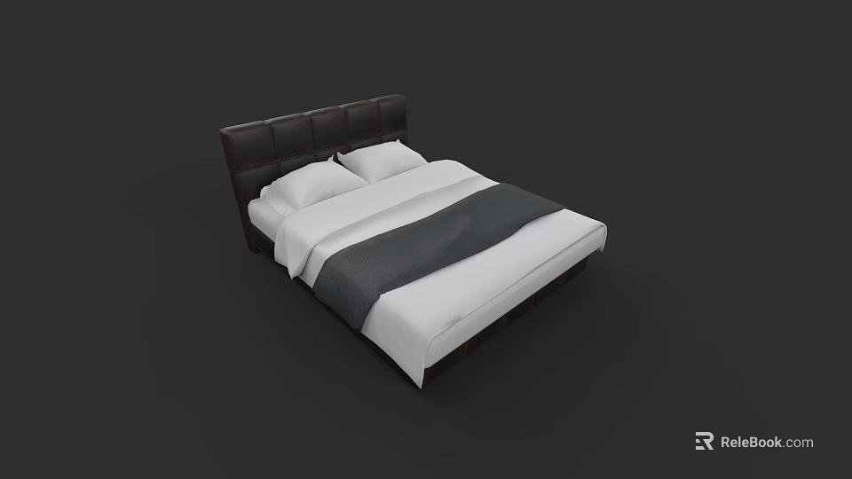Modern Double Bed With Dark Brown Leather Headboard White Sheets And Dark Blanket 3d model 