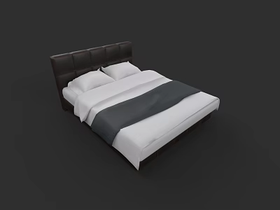 Modern Double Bed With Dark Brown Leather Headboard White Sheets And Dark Blanket 3d model