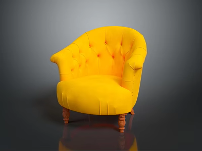 Stylish Yellow Velvet Tufted Armchair With Elegant Wooden Legs For Living Room 3d model