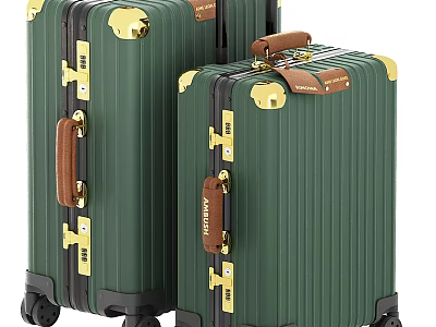 Vintage Green Suitcases With Gold Metal Hardware Brown Leather Handles Striped Surface And Rolling Wheels 3d model