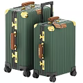 Vintage Green Suitcases With Gold Metal Hardware Brown Leather Handles Striped Surface And Rolling Wheels
