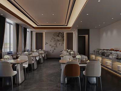 Elegant Modern Restaurant Interior With Long Tables Chandeliers Decorative Art And Buffet Counter 3d model