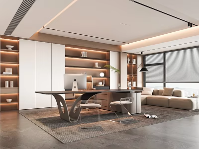 Modern Office Interior Design With Shelves Desk Computer Sofa And Lighting 3d model