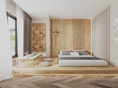 Tatami Bedroom Interior Featuring Wooden Wall Panels Stone Accent Wall Low Table And Floor Cushions 3d model
