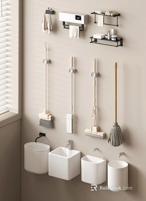 Modern Bathroom Set Design With Wall Mounted Cleaning Tools Sink And Trash Bin 3d model