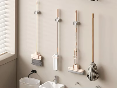 Modern Bathroom Set Design With Wall Mounted Cleaning Tools Sink And Trash Bin 3d model