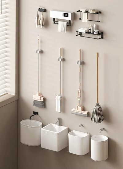 Modern Bathroom Set Design With Wall Mounted Cleaning Tools Sink And Trash Bin 3d model