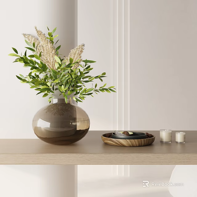 Decorative Ornament Set with Brown Vase Green Plants Wooden Tray Stones and Candles on Shelf 3d model 