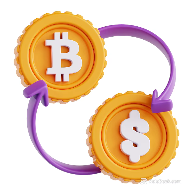 Household Items With Yellow Coins Featuring Bitcoin And Dollar Signs And Purple Looping Arrows 3d model 