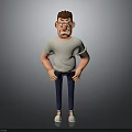 3D Cartoon Man in White T shirt Blue Jeans and Red Sneakers with Frowning Expression