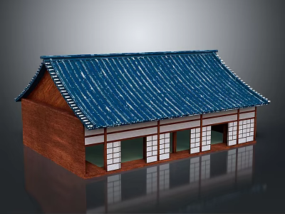 Cartoon Scene of Traditional Building With Blue Tiled Roof Brown Walls and White Lattice Windows 3d model