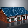 Cartoon Scene of Traditional Building With Blue Tiled Roof Brown Walls and White Lattice Windows