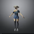 Woman Wearing Straw Hat Blue Top Shorts Long Socks And Sneakers
