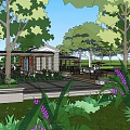 Traditional Square Landscape with Pavilion Covered Walkway Stone Pavement Trees and People Walking