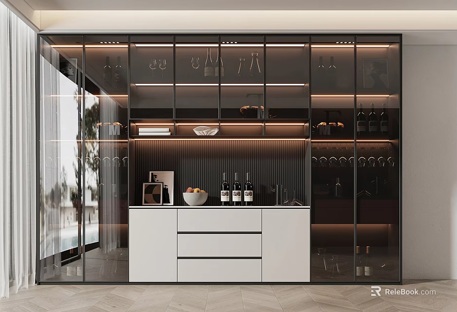 Modern Glass Door Wine Cabinet With Interior Lighting Wine Bottles Glasses And White Drawer 3d model 