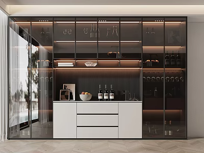 Modern Glass Door Wine Cabinet With Interior Lighting Wine Bottles Glasses And White Drawer 3d model