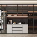 Modern Glass Door Wine Cabinet With Interior Lighting Wine Bottles Glasses And White Drawer