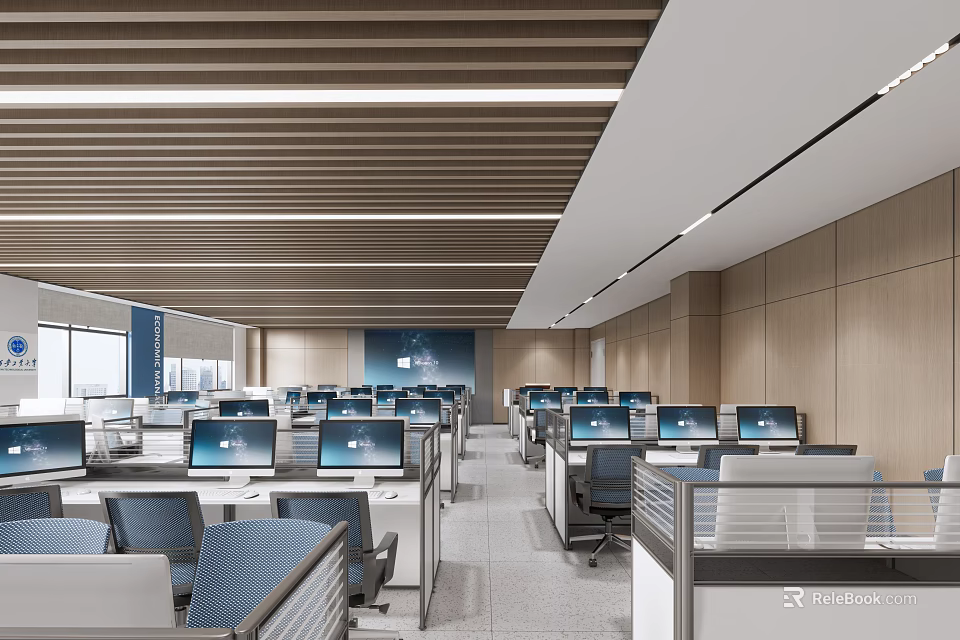 Modern School Open Learning Space With Computers Desks And Ergonomic Chairs 3d model