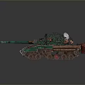 Green Camouflage Military Tank With Camouflage Vegetation Tracks And Gun Barrel
