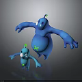 Large And Small Blue Creatures With Green Antennas And Body Stars