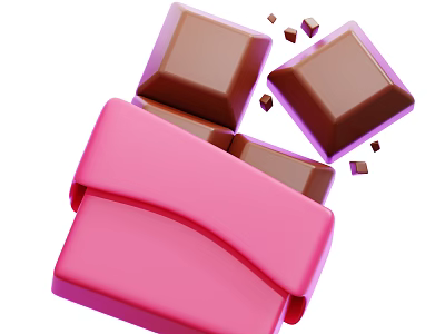Chocolate Squares in Pink Packaging with Scattered Pieces and Smooth Surface 3d model