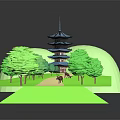 Multi Tiered Blue Roof Pagoda Structure Surrounded By Green Trees And Hills