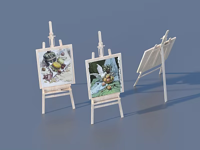Household Wooden Easels Three Units With Two Painted Canvases And One Empty 3d model