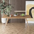 Modern Wooden Coffee Table with Green Plants Fruits and Abstract Art on Herringbone Floor