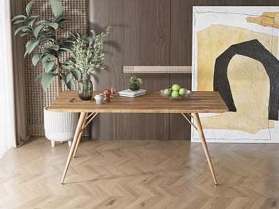 Modern Wooden Coffee Table with Green Plants Fruits and Abstract Art on Herringbone Floor 3d model