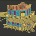 Western Style Wooden House with Blue Walls Red Roof Accents Wooden Balcony Porch and Steps