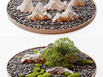 Artistic Bonsai Potted Plant with Miniature Rock Formations Pebbles and Green Shrubs in Round Tray 3d model