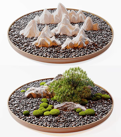 Artistic Bonsai Potted Plant with Miniature Rock Formations Pebbles and Green Shrubs in Round Tray 3d model