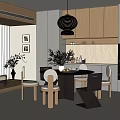 Modern Dining Room With Round Dining Table Chairs Pendant Light White Cabinets And Plant Decor