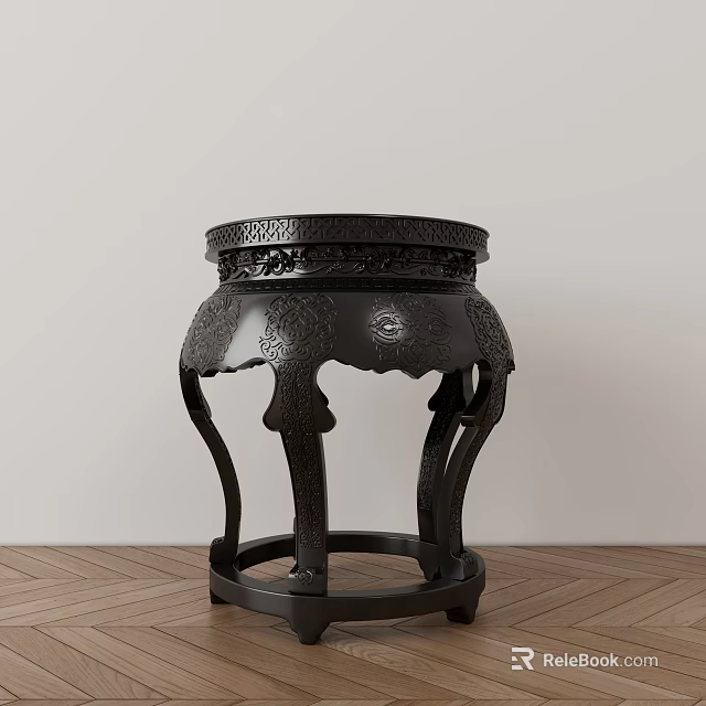 Black Wooden Chinese Style Carved Stool With Round Top And Curved Legs 3d model 