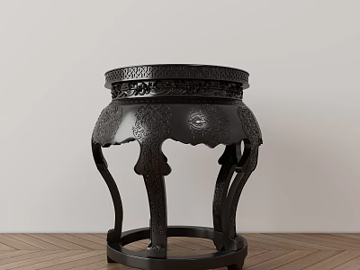 Black Wooden Chinese Style Carved Stool With Round Top And Curved Legs 3d model