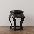 Black Wooden Chinese Style Carved Stool With Round Top And Curved Legs