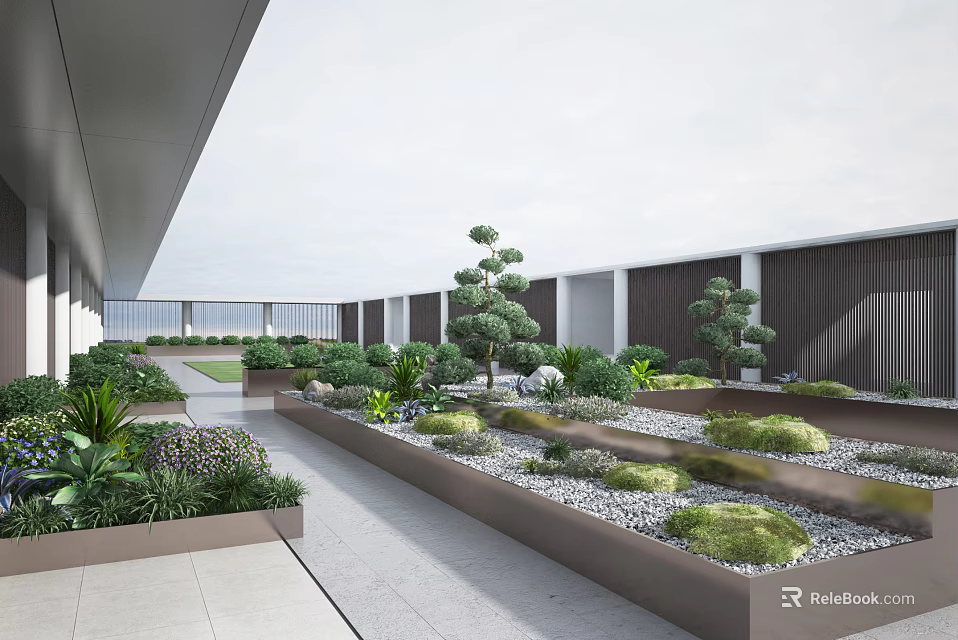 Courtyard Garden Design With Planters Various Plants Gravel Pathway And Trimmed Shrubs 3d model 