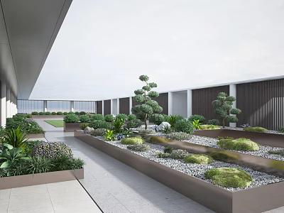 Courtyard Garden Design With Planters Various Plants Gravel Pathway And Trimmed Shrubs 3d model