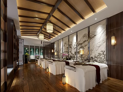 Elegant SPA Sauna Relaxation Space With Wooden Ceiling Lanterns Massage Beds And Landscape Walls 3d model
