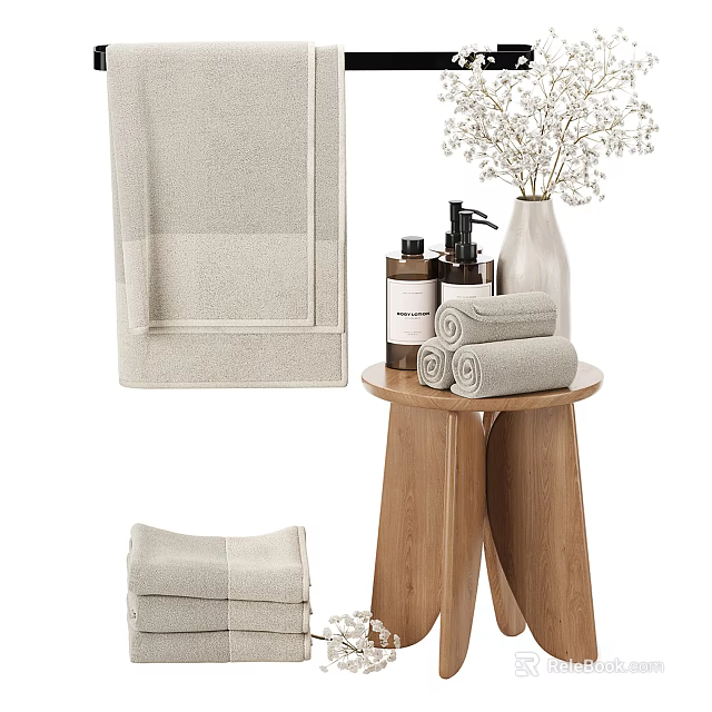 Elegant Minimalist Bathroom Accessories With Rolled Towels Wooden Stool And Bath Products 3d model 