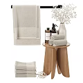 Elegant Minimalist Bathroom Accessories With Rolled Towels Wooden Stool And Bath Products