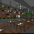 Rustic Restaurant Interior Featuring Wooden Tables Benches Brick Stone Walls And Hanging Lanterns