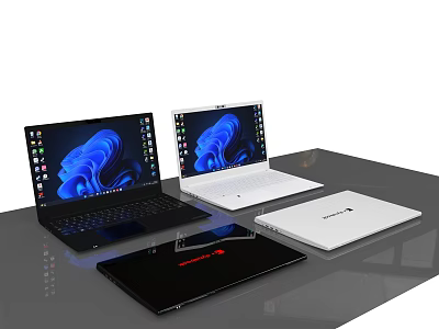 Three Modern Black And White Laptops With Blue Abstract Screens On Table 3d model
