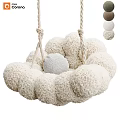 Plush Beige Round Hanging Chair With Rope Suspension And Small Pillow