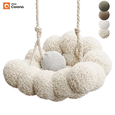 Plush Beige Round Hanging Chair With Rope Suspension And Small Pillow 3d model