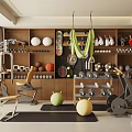 Sports Equipment in Modern Gym with Dumbbells Yoga Balls Exercise Bikes Rackets and Wooden Shelves