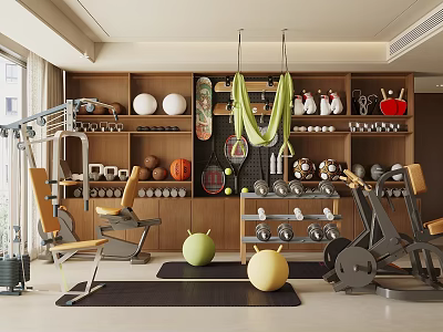 Sports Equipment in Modern Gym with Dumbbells Yoga Balls Exercise Bikes Rackets and Wooden Shelves 3d model